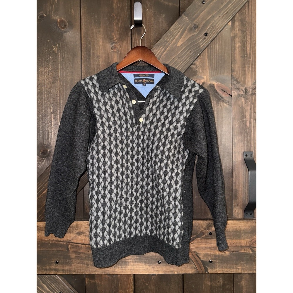 Tommy Hilfiger Men's Sz M 100% Merino Wool Gray Golf Sweater Shirt Collar
